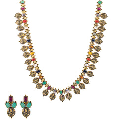 22K Antique Gold, Kundan, Gemstone, Pearl & CZ Temple Jewelry Set (74.1gm)