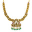 22K Antique Yellow Gold Laksmi Temple Necklace w/ Pearls, Emerald & Ruby (27.1gm)