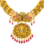 22K Antique Gold, CZ, Emerald, & Ruby Lakshmi Necklace & Jhumki Set (102gm)