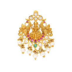 22K Yellow Gold Laxmi Pendant w/ Emeralds, Rubies, CZ & Pearls (14.5gm)