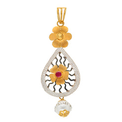 22K Yellow Gold, Ruby, CZ & Pearl Floral Pendant (7.6gm)