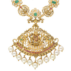 22K Yellow Gold, Gemstone & Pearl Temple Necklace Set (82.9gm)