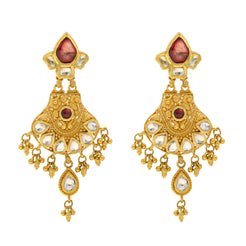 22K Yellow Gold Chandbali Earrings with Kundans & Rubies (26.1gm)