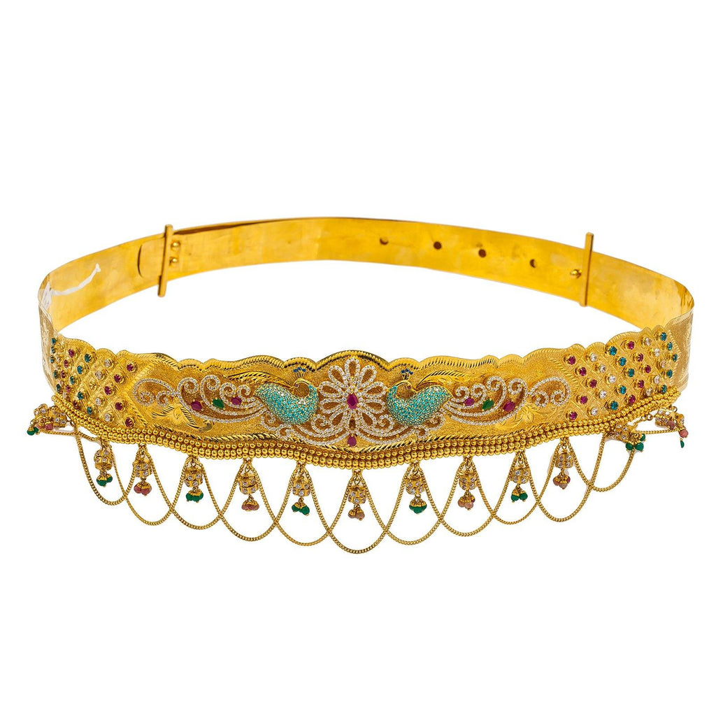 22K Yellow Gold Vaddanam Waist Belt W/ Ruby, Emerald, Sapphire, CZ Gems & Paisley Peacock Chandelier Design - Virani Jewelers | 22K Yellow Gold Vaddanam Waist Belt W/ Ruby, Emerald, Sapphire, CZ Gems & Paisley Peacock Ch...