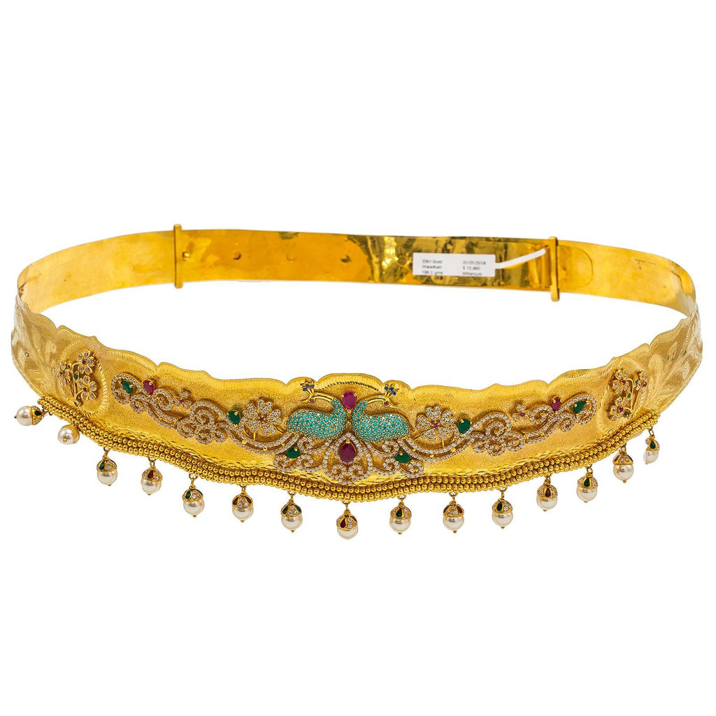 22K Yellow Gold Vaddanam Waist Belt W/ Ruby, Emerald, Sapphire, CZ Gems, Hanging Pearls & Paisley Mirror Peacocks - Virani Jewelers | 22K Yellow Gold Vaddanam Waist Belt W/ Ruby, Emerald, Sapphire, CZ Gems, Hanging Pearls & Pa...