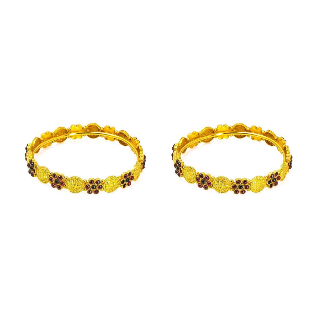 22K Yellow Gold 2 Piece Bangle Set W/ Laxmi Coins & Ruby Studded Flower Accents - Virani Jewelers | 22K Yellow Gold 2 Piece Bangle Set W/ Laxmi Coins & Ruby Studded Flower Accents for women. T...