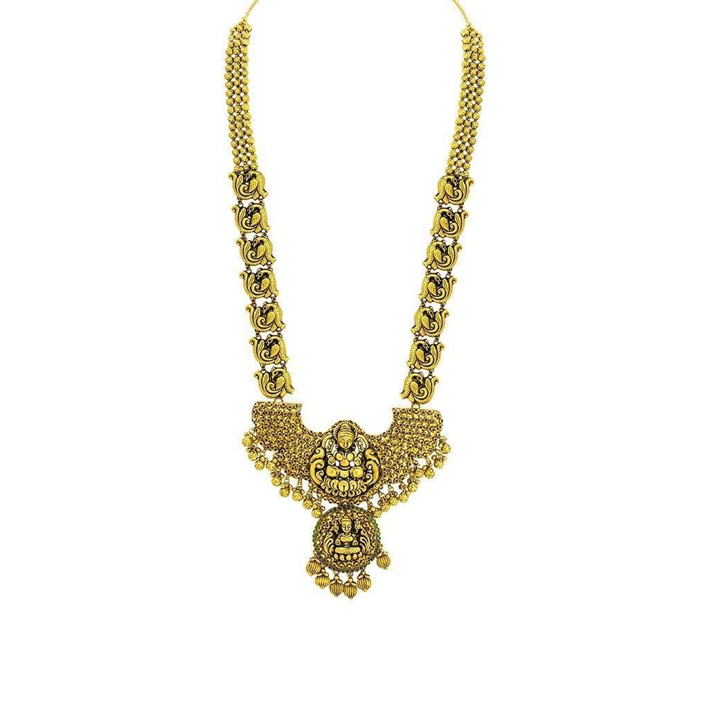 22K Yellow Gold Antique Temple Necklace W/ Ruby & Emerald on Large Winged Double Laxmi Pendant - Virani Jewelers | 22K Yellow Gold Antique Temple Necklace W/ Ruby & Emerald on Large Winged Double Laxmi Penda...