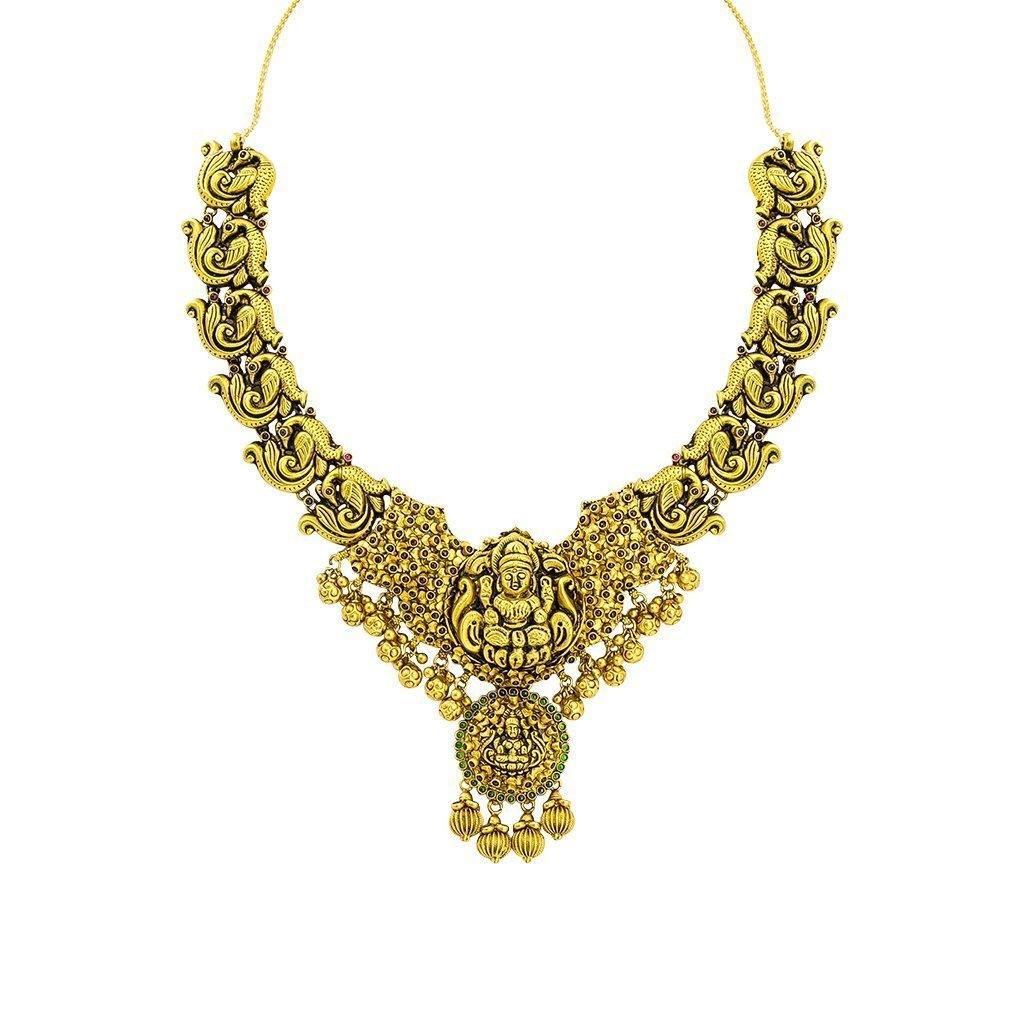 22K Yellow Gold Antique Temple Necklace W/ Ruby, Emerald & Laxmi Pendant on Carved Peacock Strand - Virani Jewelers | 22K Yellow Gold Antique Temple Necklace W/ Ruby, Emerald & Laxmi Pendant on Carved Peacock S...