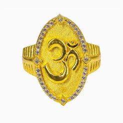 22K Yellow Gold Om Ring for Men W/ CZ Gems & Flat Shield Frame - Virani Jewelers