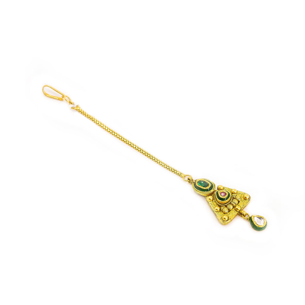 22K Yellow Gold Tikka W/ Kundan & Ornate Triangle Pendant - Virani Jewelers | 22K Yellow Gold Tikka W/ Kundan & Ornate Triangle Pendant for women. This elegant piece is e...