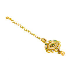 22K Yellow Gold Tikka W/ Pearl, Kundan, Eyelet Pendant & Cable Link Chain - Virani Jewelers