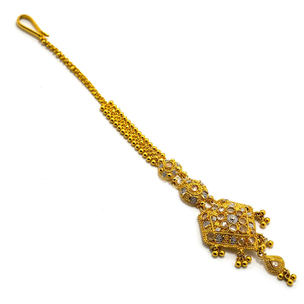 22K Multi Tone Gold Tikka W/ Hanging Ball Accents & Diamond Shaped Pendant - Virani Jewelers | 22K Multi Tone Gold Tikka W/ Hanging Ball Accents & Diamond Shaped Pendant for women. This b...