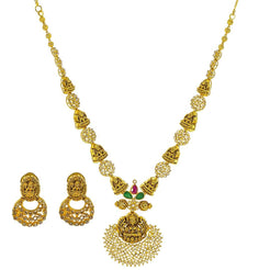 22K Yellow Gold Uncut Diamond Antique Temple Necklace Set W/ 7.36ct Uncut Diamonds, Rubies, Emeralds & Laxmi Pendants - Virani Jewelers
