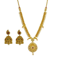 22K Yellow Gold Uncut Diamond Necklace Set W/ 16.85ct Uncut Diamonds, Rubies, Emeralds & Pearls - Virani Jewelers