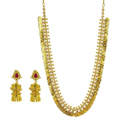 22K Yellow Gold Uncut Diamond Laxmi Necklace & Earrings Set W/ 14.15 ct Uncut Diamonds, Emeralds & Rubies - Virani Jewelers