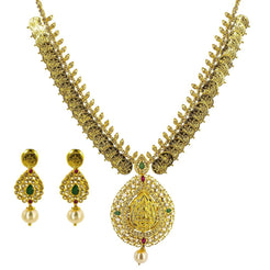 22K Yellow Gold Diamond Laxmi Necklace & Earring Set W/ 7.81ct Uncut Diamonds, Emeralds, Rubies & Pearls - Virani Jewelers
