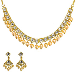 22K Yellow Gold Kundan Necklace & Earrings Set W/ Hanging Pearls, 59.1g - Virani Jewelers