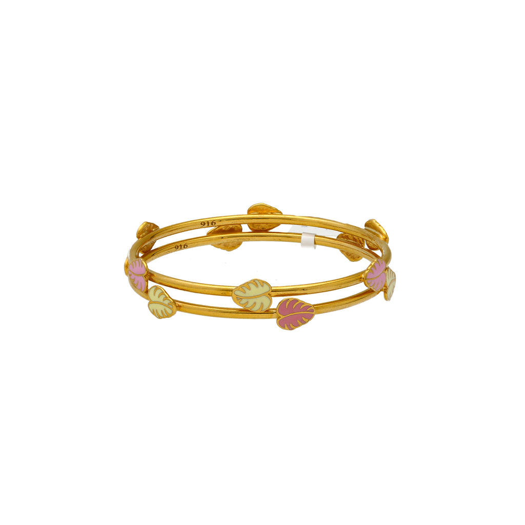 22K Yellow Gold Leaf Bangle Set (9.5gm) |
These 22k yellow gold bangles have an enamel leaf design added for to them for extra cuteness....