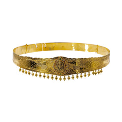 A picture of a 22K waist belt from Virani Jewelers featuring an image of Laxmi surrounded by gemstones and dangling gold balls.