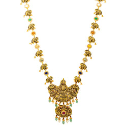 22K Antique Gold Goddess Laxmi Necklace w. Gems & Pearls (83.2 grams)