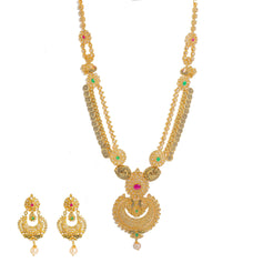 22K Yellow Gold Diamond Necklace & Chandbali Earrings Set W/ 33.95ct Uncut Diamonds, Rubies, Emeralds, Pearls & Laxmi Kasu - Virani Jewelers