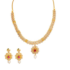 22K Yellow Gold Diamond Necklace and Earrings Set W/ 14.24ct Uncut Diamonds, Rubies, Pearls & Clustered Flower Designs - Virani Jewelers