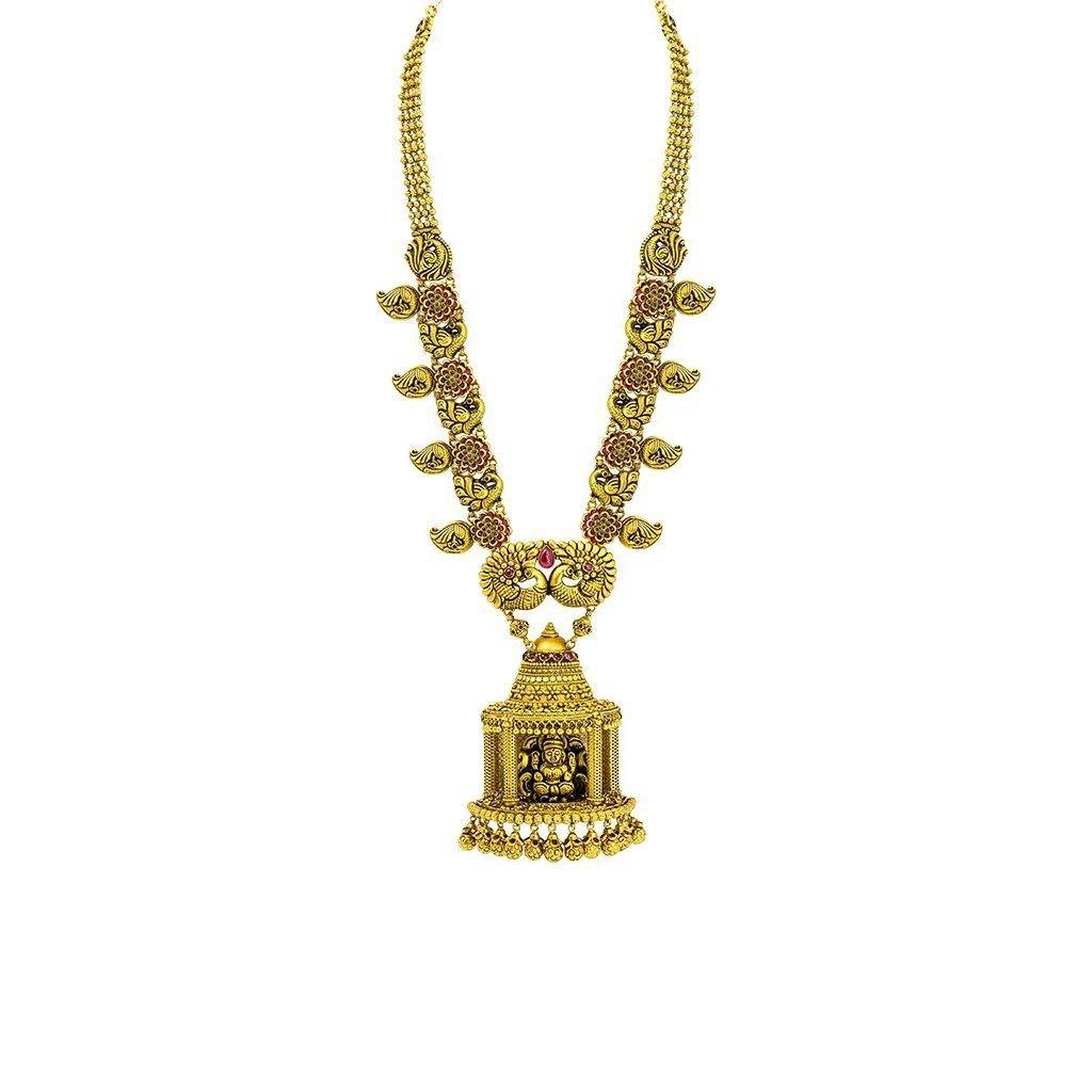 22K Yellow Gold Necklace W/ Ruby, Emerald & Large Laxmi Temple Pendant on Flower Carved Chain - Virani Jewelers | 22K Yellow Gold Necklace W/ Ruby, Emerald & Large Laxmi Temple Pendant on Flower Carved Chai...