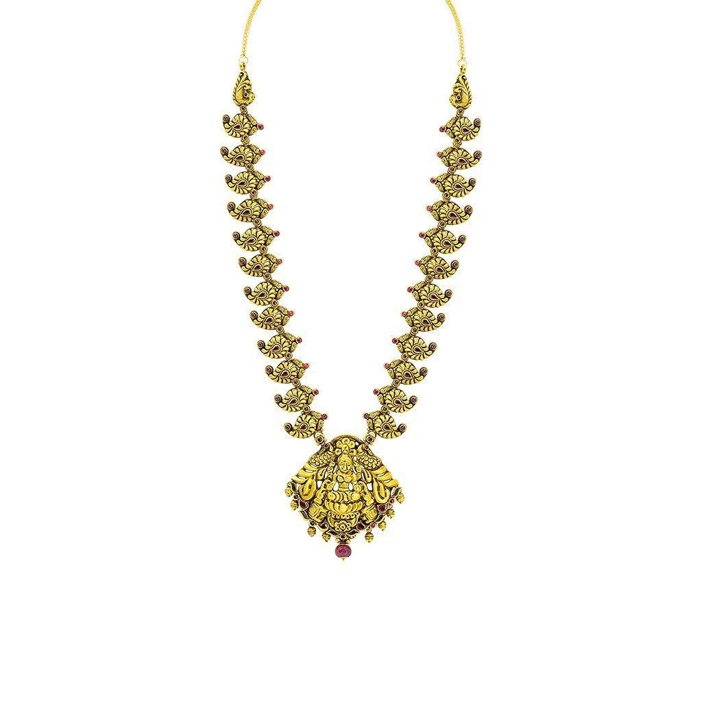 22K Yellow Gold Necklace W/ Ruby, Eyelet Laxmi Pendant & Carved Mango Accents - Virani Jewelers | 22K Yellow Gold Necklace W/ Ruby, Eyelet Laxmi Pendant & Carved Mango Accents for women. Thi...