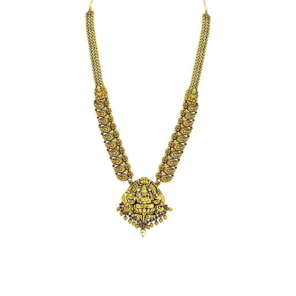 22K Yellow Gold Antique Necklace W/ Ruby, Pearl, & Laxmi Pendant on Deeply Carved Strand - Virani Jewelers | 22K Yellow Gold Antique Necklace W/ Ruby, Pearl, & Laxmi Pendant on Deeply Carved Strand for...