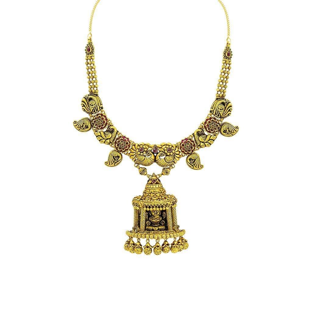 22K Yellow Gold Antique Temple Necklace W/ Ruby, Emerald & Large Laxmi Pendant on Carved Chain - Virani Jewelers | 22K Yellow Gold Antique Temple Necklace W/ Ruby, Emerald & Large Laxmi Pendant on Carved Cha...