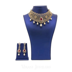 22.14 CT VVS Diamond Bridal Choker Necklace & Earrings Set, W/ Ruby & Pearl Accents - Virani Jewelers
