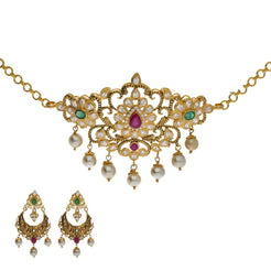 22K Yellow Antique Gold 2-in-1 Choker/Vanki & Chandbali Earrings Set W/ Emerald, Ruby, CZ, Pearls & Paisley Flower Design - Virani Jewelers
