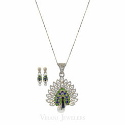 Peacock Diamond Pendant Necklace & Earring Set in 18K Gold W/ 4.51CT Round Diamonds - Virani Jewelers