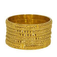 Set of six 22K bangles from Virani Jewelers featuring intricate beaded filigree and intricately crafted details. | Add the best in 22K Indian jewelry to your wardrobe with this set of six yellow gold bangles from...