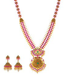 22k Yellow Gold, Emerald, Ruby, & Pearl Temple Necklace Set  (132.2gm)