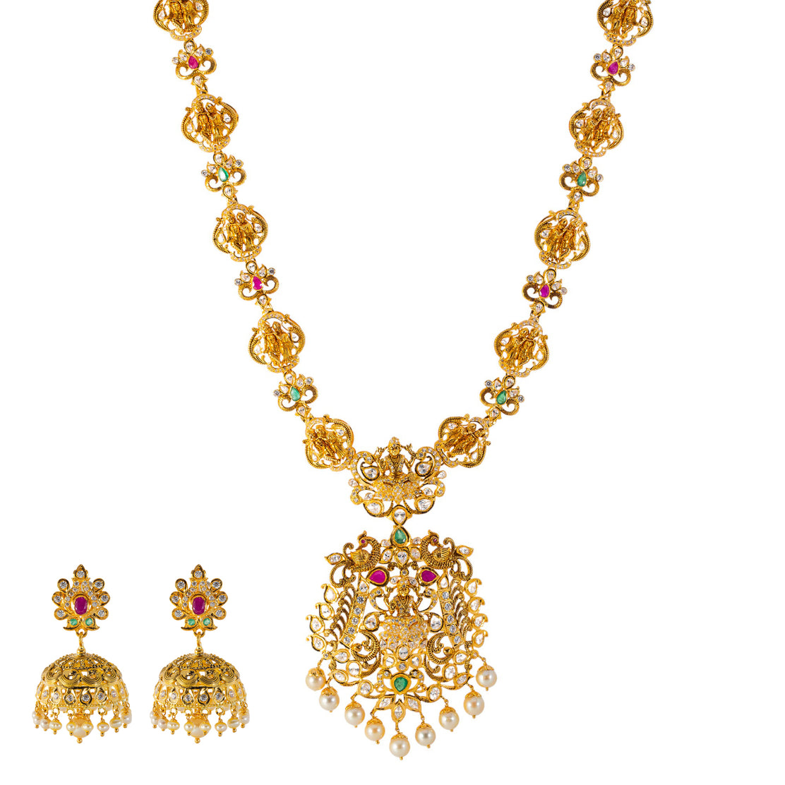 22K Yellow Gold Temple Necklace Set w Gemstones Pearls 136.7gm