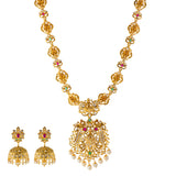 22k Yellow Gold Temple Necklace Set  w/ Gemstones & Pearls (136.7gm) | 


Experience the opulent harmony of traditionalism and beauty with this 22k gold necklace and ea...