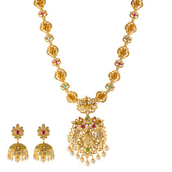 22k Yellow Gold Temple Necklace Set  w/ Gemstones & Pearls (136.7gm)