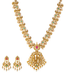 22k Yellow Gold Temple Necklace Set  w/ Gemstones & Pearls (130.6gm)