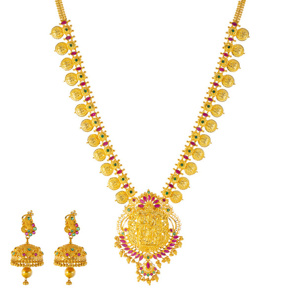 22k Yellow Gold, Emerald & Ruby Temple Necklace Set  (94.6gm) | 


Embrace regal opulence this stunning 22k gold and gemstone necklace and Jhumki earring set by ...