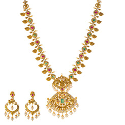 22k Yellow Gold Temple Necklace Set  w/ Gems & Pearls (125.1gm)