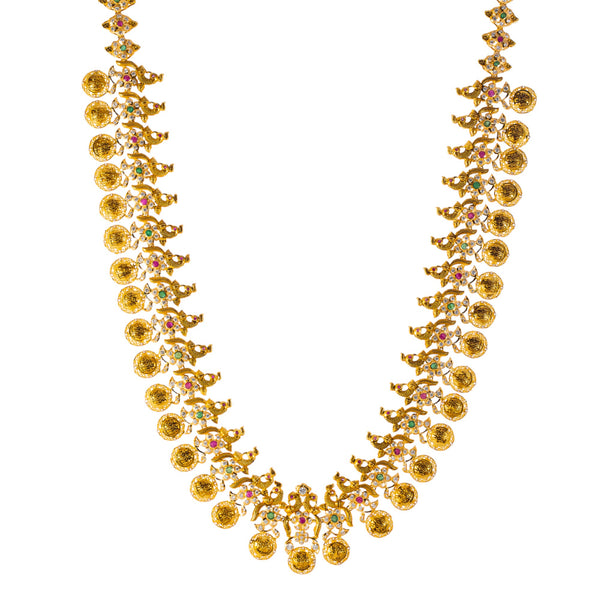 22k Yellow Gold Temple Necklace Set  w/ Gems & Pearls (132.2gm) | 


Indulge in the allure of excellence with this darling 22k gold necklace and earring set by Vir...