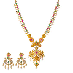 22k Yellow Gold, Gemstone, & Pearl Temple Necklace Set (93.7gm)