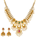 22k Yellow Gold, Emerald, Ruby, CZ & Pearl Temple Necklace Set (62.3gm) | 


Experience the beauty of Indian temple jewelry with this beautiful 22k gold necklace and Jhumk...