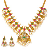 22k Yellow Gold, Emerald, Ruby, CZ & Pearl Temple Necklace Set (55.3gm) | 


Virani Jewelers unveils radiant splendor with this 22k gold necklace and earring set.   A cele...
