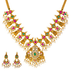 22k Yellow Gold, Emerald, Ruby, CZ & Pearl Temple Necklace Set (55.3gm)