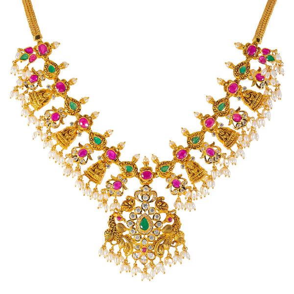 22k Yellow Gold, Emerald, Ruby, CZ & Pearl Temple Necklace Set (55.3gm) | 


Virani Jewelers unveils radiant splendor with this 22k gold necklace and earring set.   A cele...