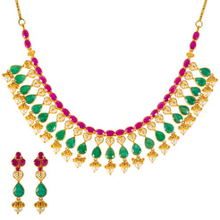 22k Antique Gold, Emerald & Ruby Temple Necklace Set (90.3gm)