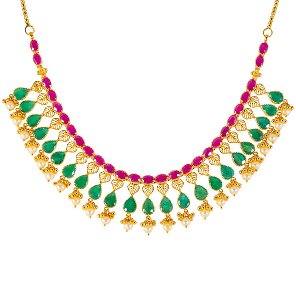 22k Antique Gold, Emerald & Ruby Temple Necklace Set (90.3gm) | 


Experience opulent luxury with Virani Jewelers' 22k antique gold necklace and earring set.   D...