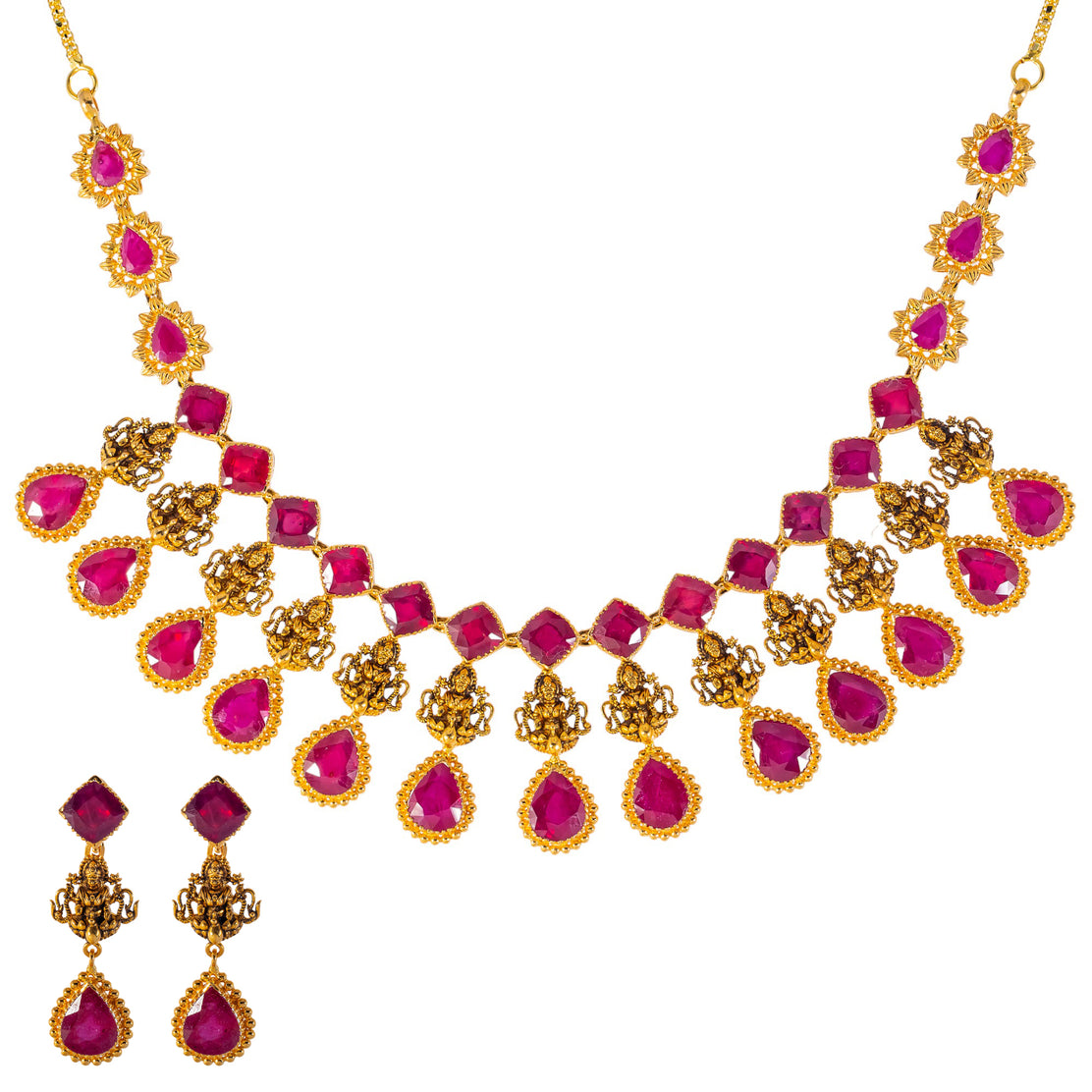 Virani Jewelers 22K Yellow Gold Ruby Temple Necklace Set 54.8gm
